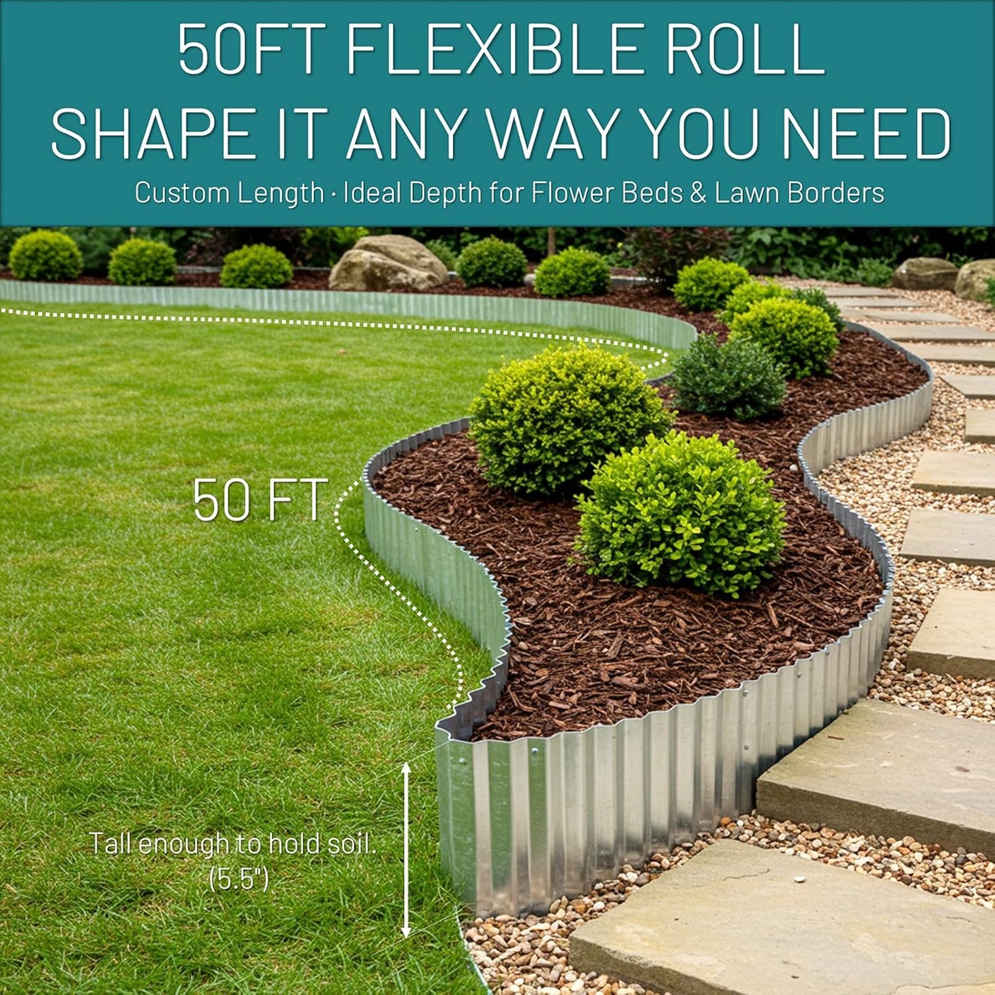 50FT Galvanized Steel Corrugated Metal Landscape Edging – Flexible & Rustproof Garden Edging Border, Decorative Metal Trim for Flower Beds, Lawn, Driveway, Walkway & Raised Beds