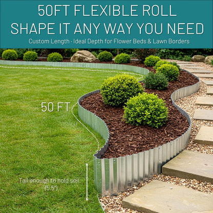 50FT Galvanized Steel Corrugated Metal Landscape Edging – Flexible & Rustproof Garden Edging Border, Decorative Metal Trim for Flower Beds, Lawn, Driveway, Walkway & Raised Beds