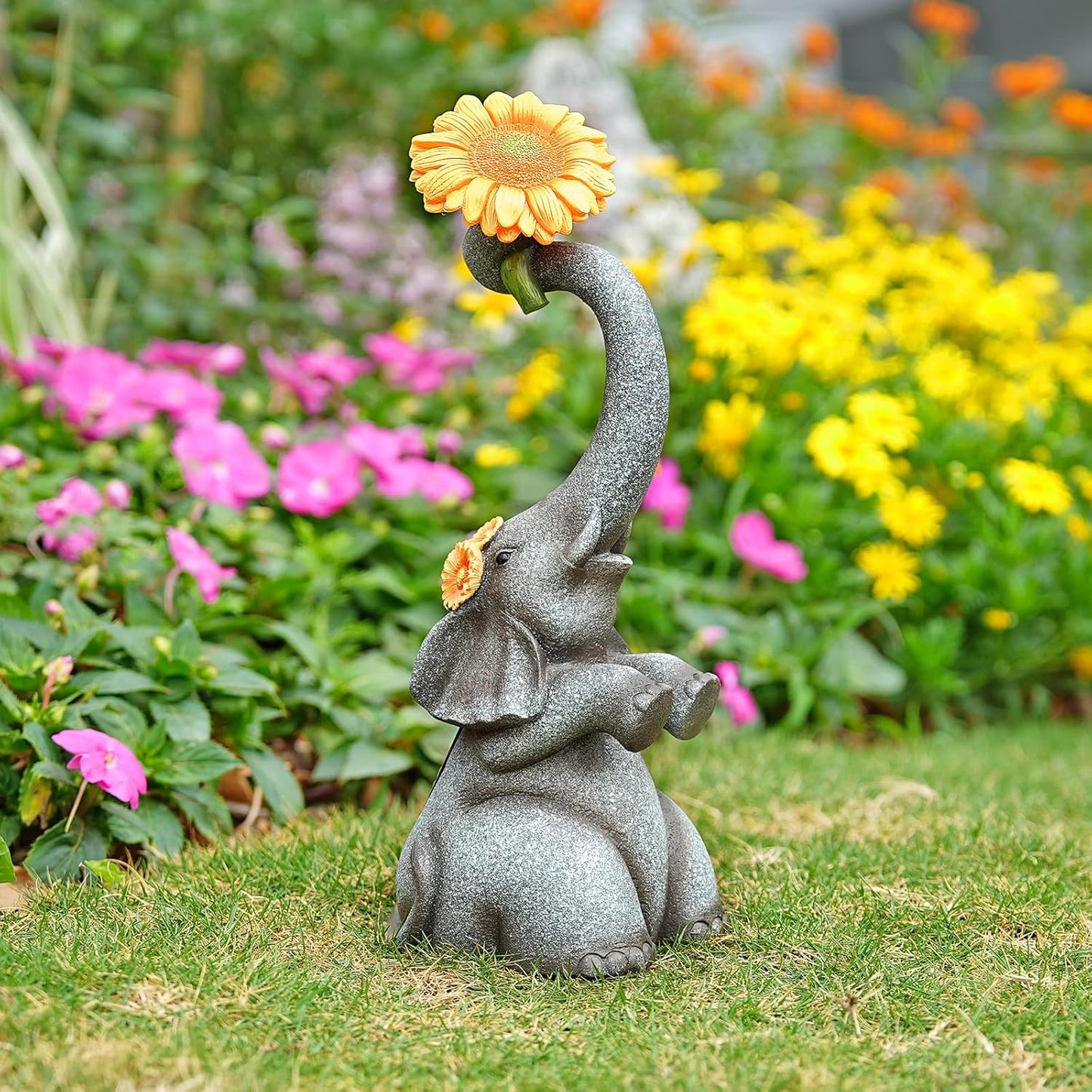Elephant Sunflower Garden Decor, 14.3" Solar Large Garden Statue, Outdoor Yard Decor, Gifts for Mom, Grandma