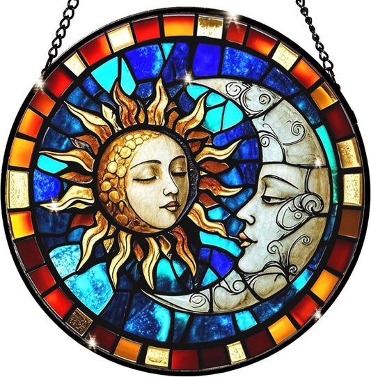 Sun and Moon Decorative Stained Glass Sun Catcher - Handcrafted 7.87 Inch Celestial Decoration