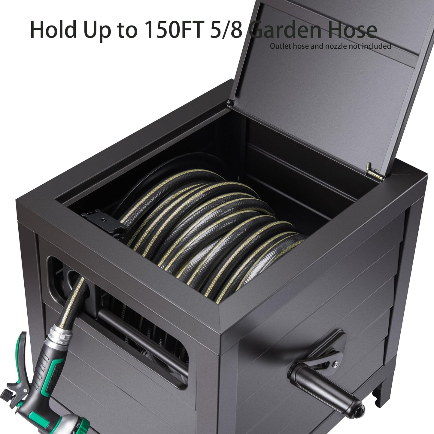 AQUAZILLA Metal Garden Hose Reel Deck box, Durable Steel Garden Hose Storage Box Cabinet, 150ft