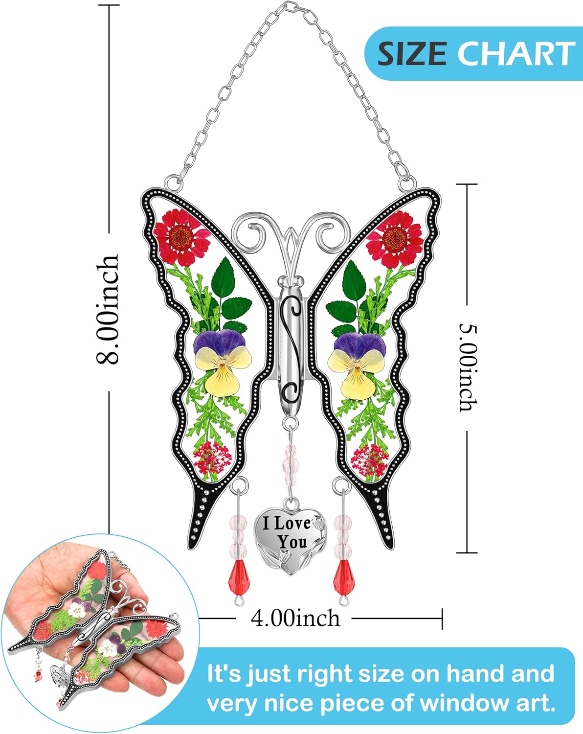 KY&BOSAM Suncatcher Butterfly Stained Glass Wind Chime Ornament for Window Hangings with Pressed Flower Wings in Glass and I Love You Heart Charm Gifts for Mom Women Mother's Day Valentine's Birthday