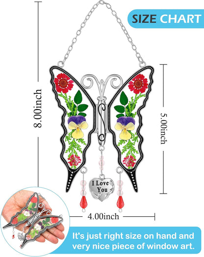 KY&BOSAM Suncatcher Butterfly Stained Glass Wind Chime Ornament for Window Hangings with Pressed Flower Wings in Glass and I Love You Heart Charm Gifts for Mom Women Mother's Day Valentine's Birthday