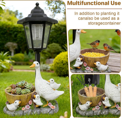 Garden Duck Statues with Solar Lantern Flowerpot Outdoor Decoration, Duck Figurines Yard Art Sculptures for Patio Lawn Backyard Porch Ornaments Unique Housewarming Birthday Gifts for Women Mom