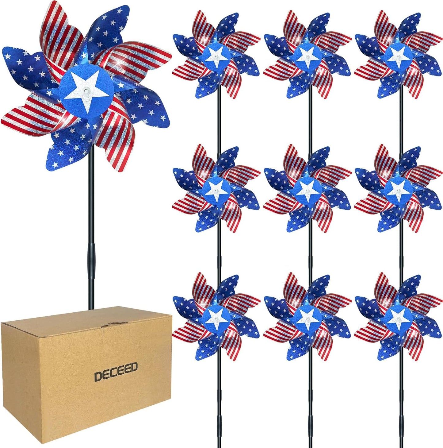10 PCS Reflective Pinwheels for Yard and Garden Bird Devices Pre-Installed Sparkly Wind Spinner Deterrent to Scare Birds Away from Yard Patio Farm (Red&White&Blue)