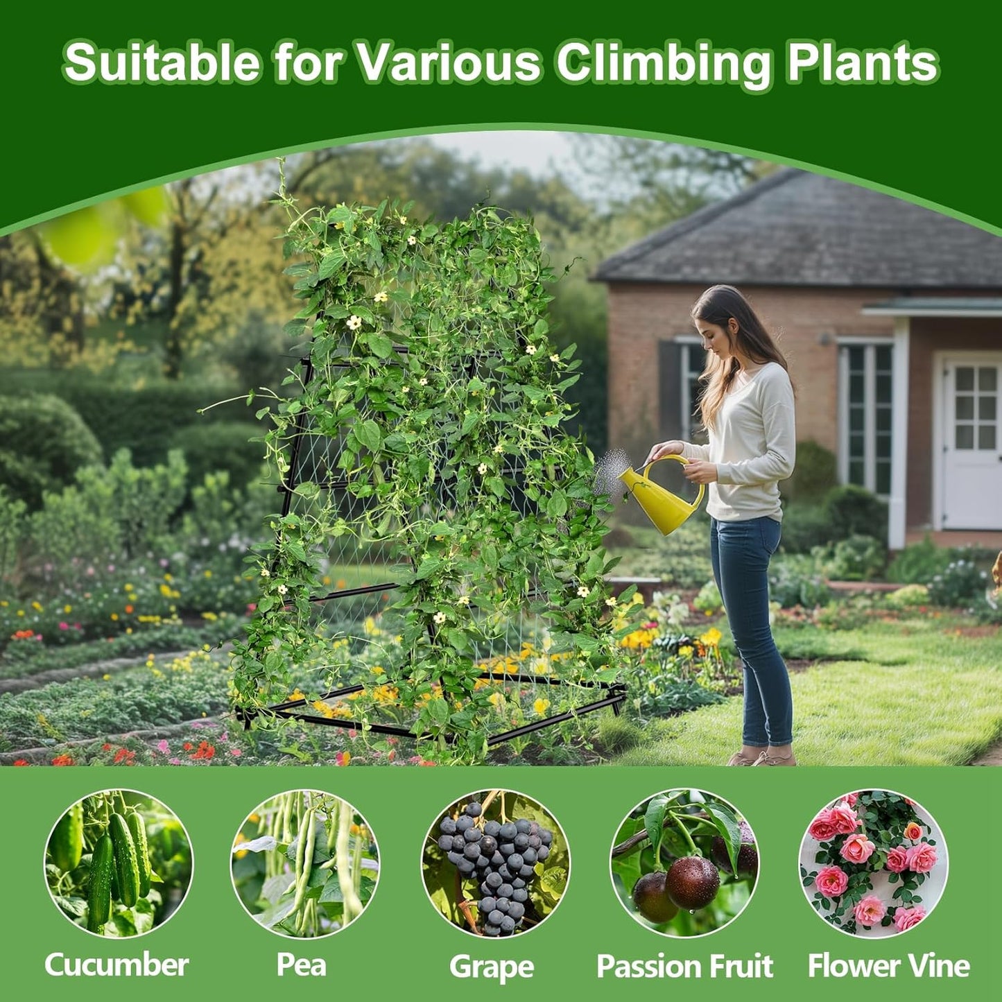 unho Garden Trellis for Climbing Plants with Tough Nylon Netting, 6ft Tall Sturdy Rustproof Metal Plant Support Tower for Vegetable Fruit Vine Cucumber Garden Lightweight，Outdoor