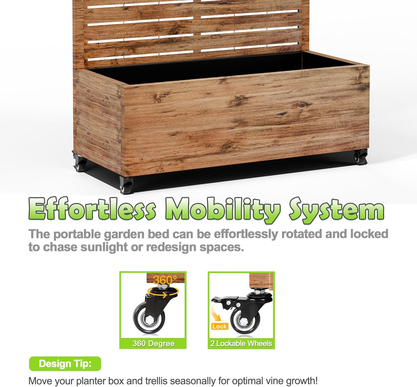 15.7"×70.9"×35.4" Metal Raised Garden Bed with Trellis and Wheels - Tall Trellis Planter Box for Climbing Plants, Vegetables & Vines - Outdoor Privacy Planters for Patio (Natural Wood Grain)