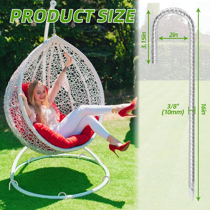 Rebar Stakes 16inx10mm Galvanized J Hook 4pcs – Heavy Duty Ground Tent Stakes for Fence,Bounce House,Outdoor Plants,Artificial Turf,Dog Coop,Metal Stakes for Christmas Decorations