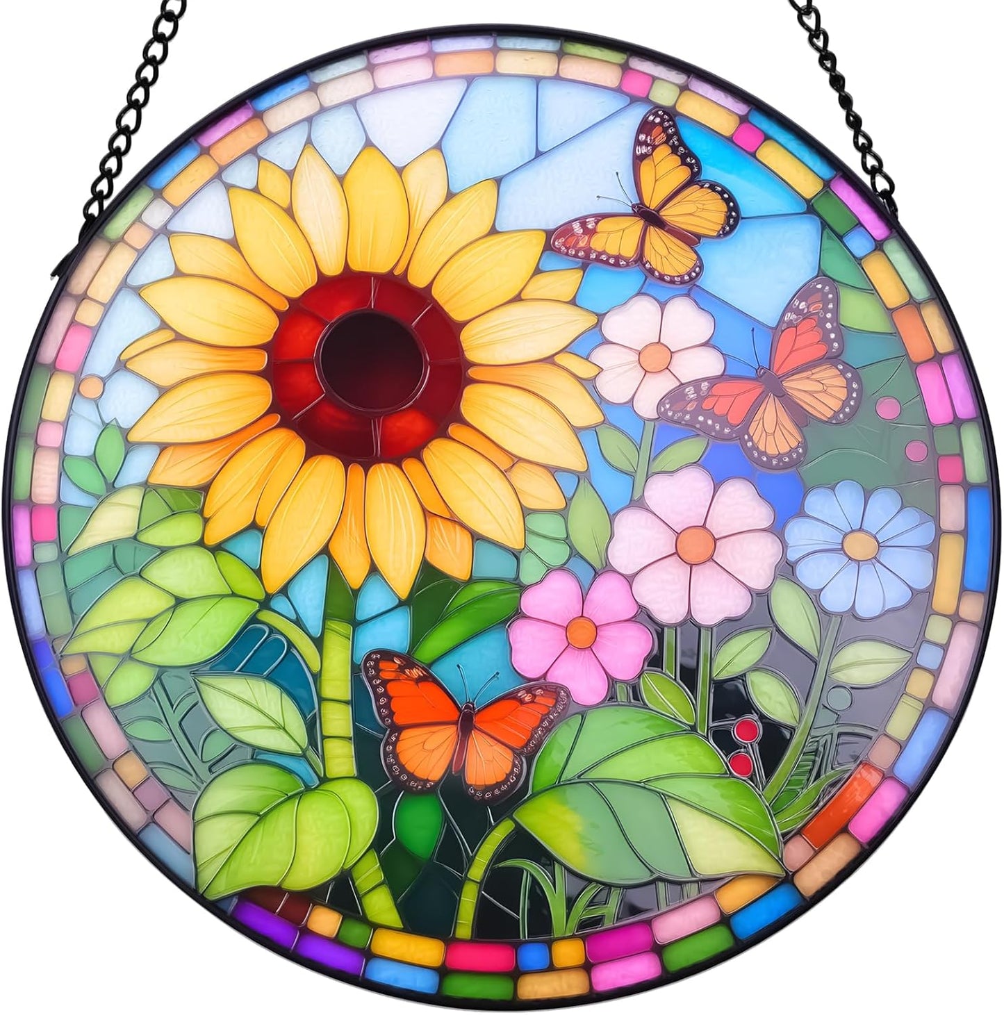 Sunflower Stained Glass Window Hanging Suncatcher – Round Floral Glass Panel for Window, Garden, Wall Decor – Sunflower Gift Suitable for Birthdays and Mother's Day (12 Inch)
