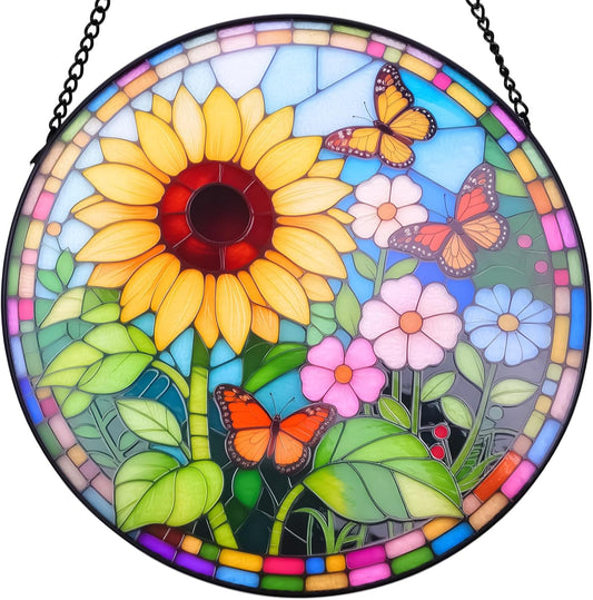 Sunflower Stained Glass Window Hanging Suncatcher – Round Floral Glass Panel for Window, Garden