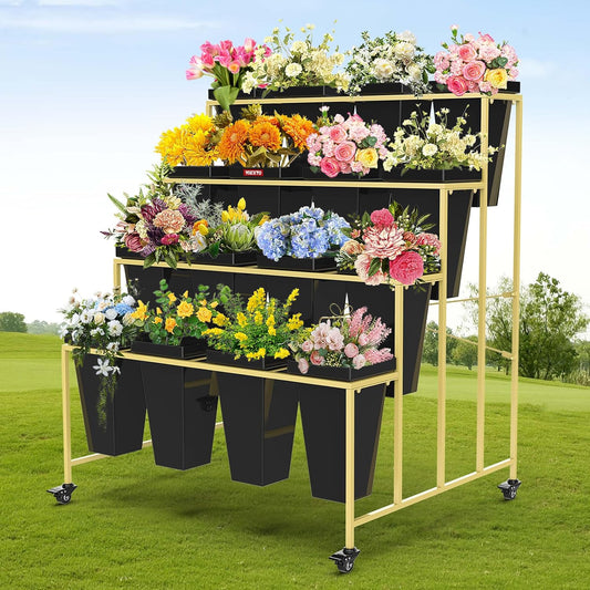 4 Layers Flower Display Stand with Buckets, 16 PCS Buckets Plant Stand with Wheels, Movable Metal Plant Stand for Terrace Garden, Living Room, Florist Shop