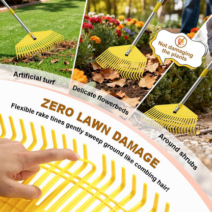 Garden Rake for Leaves - Extra Wide 18" Leaf Rake,Lightweight Long Handle for Women Seniors Kids Effortless Clean-Up,23 Non-Clog Flexible Tines for Lawn-Friendly,65” Adjustable Plastic Rakes for Yard