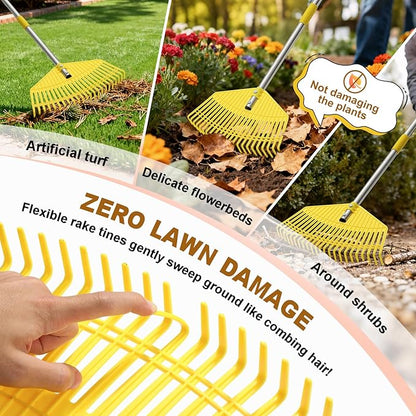 Garden Rake for Leaves - Extra Wide 18" Leaf Rake,Lightweight Long Handle for Women Seniors Kids Effortless Clean-Up,23 Non-Clog Flexible Tines for Lawn-Friendly,51” Adjustable Plastic Rakes for Yard