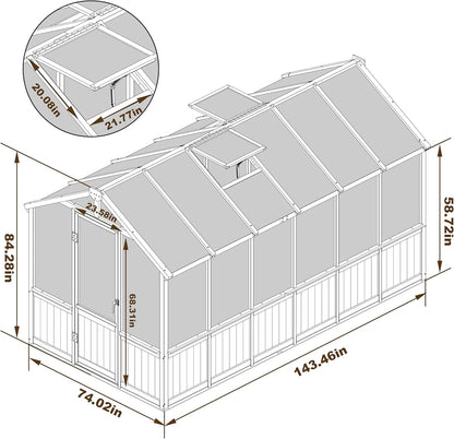 MUPATER 6' x 12' Walk-in Wooden Polycarbonate Greenhouse with Ventilated Window & Lockable Door, Multi-Layer PC Panels for UV Protection, Greenhouse Kit for Outdoor, Garden and Backyard, Black