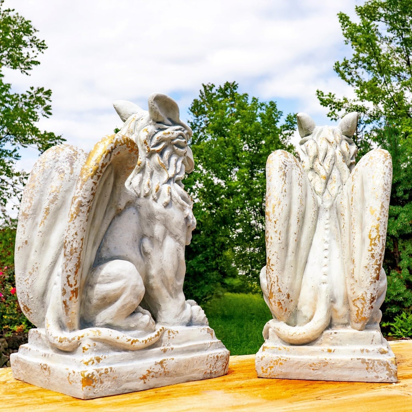 Zaer Ltd. Set of 2 Garden Griffin Statues, Magnesium-Cement Sculptures, 28.3" H Outdoor Entrance Decor (Distressed Gray)
