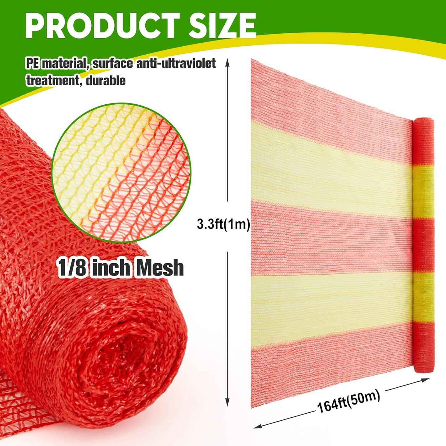 1 Roll 3.3' x 164' Safety Construction Fence Net HDPE High Visibility Temporary Barrier Netting Safety Warning Roadblock for Garden Construction Snow Poultry Event Fencing (Red and Yellow)
