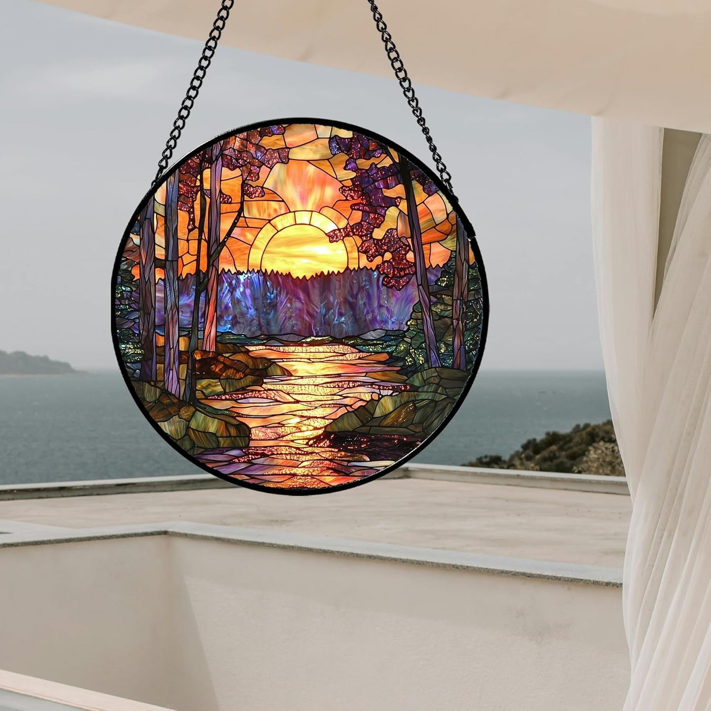 Stained Glass Window Hanging, Orange Landscape Green Purple Lake Forest Suncatcher for Doors Window Home Sun Catchers Decor Mother's Day Birthday Gifts for Women Men Mom 11.8 in