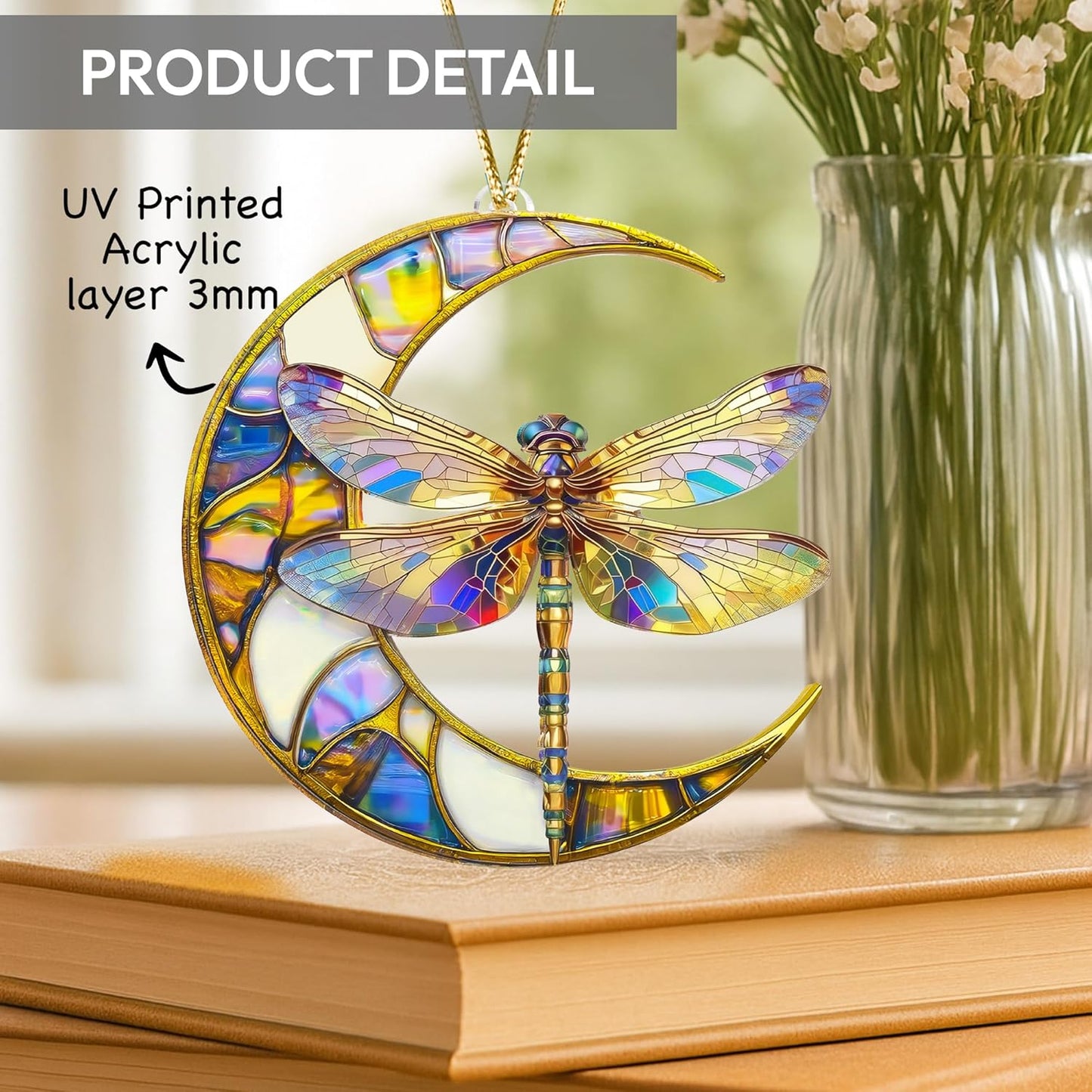 Dragonfly Gifts for Women, Dragonflies Decor Suncatcher Effect, Dragon Fly Stained Glass Effect, Dragonfly Ornaments for Christmas Tree Decoration, Birthday Gift for Mom (Moonwing)