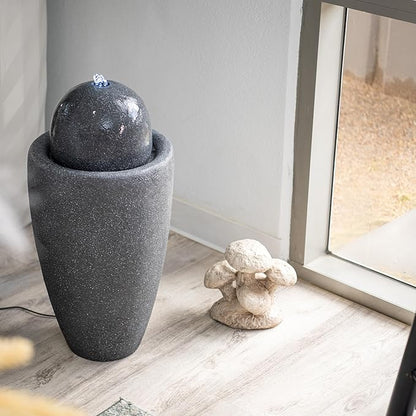 XBrand 25.98" H Round Stone Indoor/Outdoor Modern Stone Textured Sphere Water Fountain w/LED Lights, Ball Fountain Decor, Gray