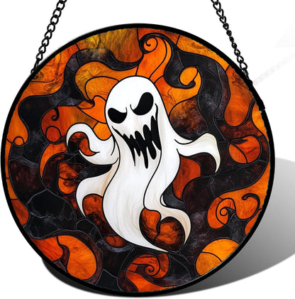 Stained Glass Window Hanging - Halloween White Ghost Suncatcher for Doors Window Garden Indoor Spooky Funny Orange Sun Catchers Gothic Decor Horror Gifts for Women Men Friend 6.3 in