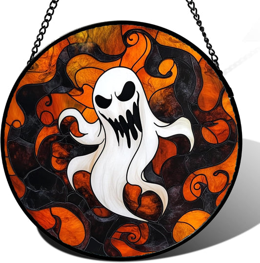 Stained Glass Window Hanging - Halloween White Ghost Suncatcher for Doors Window Garden Indoor