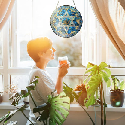 FLAGWIX Christmas Hanukkah Gifts for Women Men - Stained Glass Window Hanging 8 in - Christmas Decorations for Home Indoor Window, Religious Spiritual Gifts for Mom, Hanukkah Sun Catcher Hanging Decor
