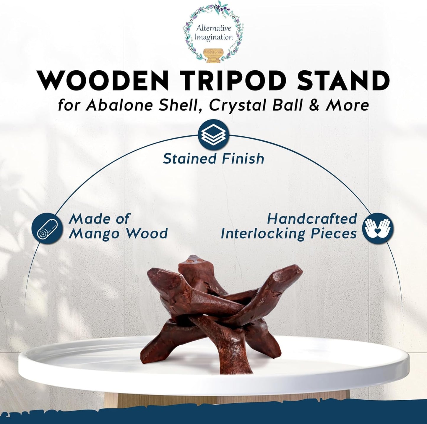 Alternative Imagination Wooden Tripod Stand - Display Stand For Home Decor, Abalone Shell, Jewelry Dish, Trinket Dish, Key Bowl, Crystal Ball and More - Stained, 4 Inches