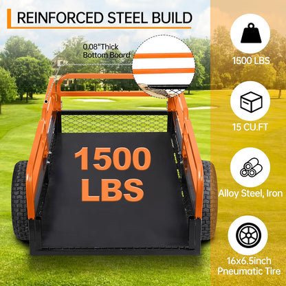 Heavy Duty Steel Dump Cart, 1500 Lbs Utility Garden Trailer, ATV Dump Trailer with Removable Sides, 15 Cubic Feet HD Agricultural Trailers for Tractor Lawn Mower Garden