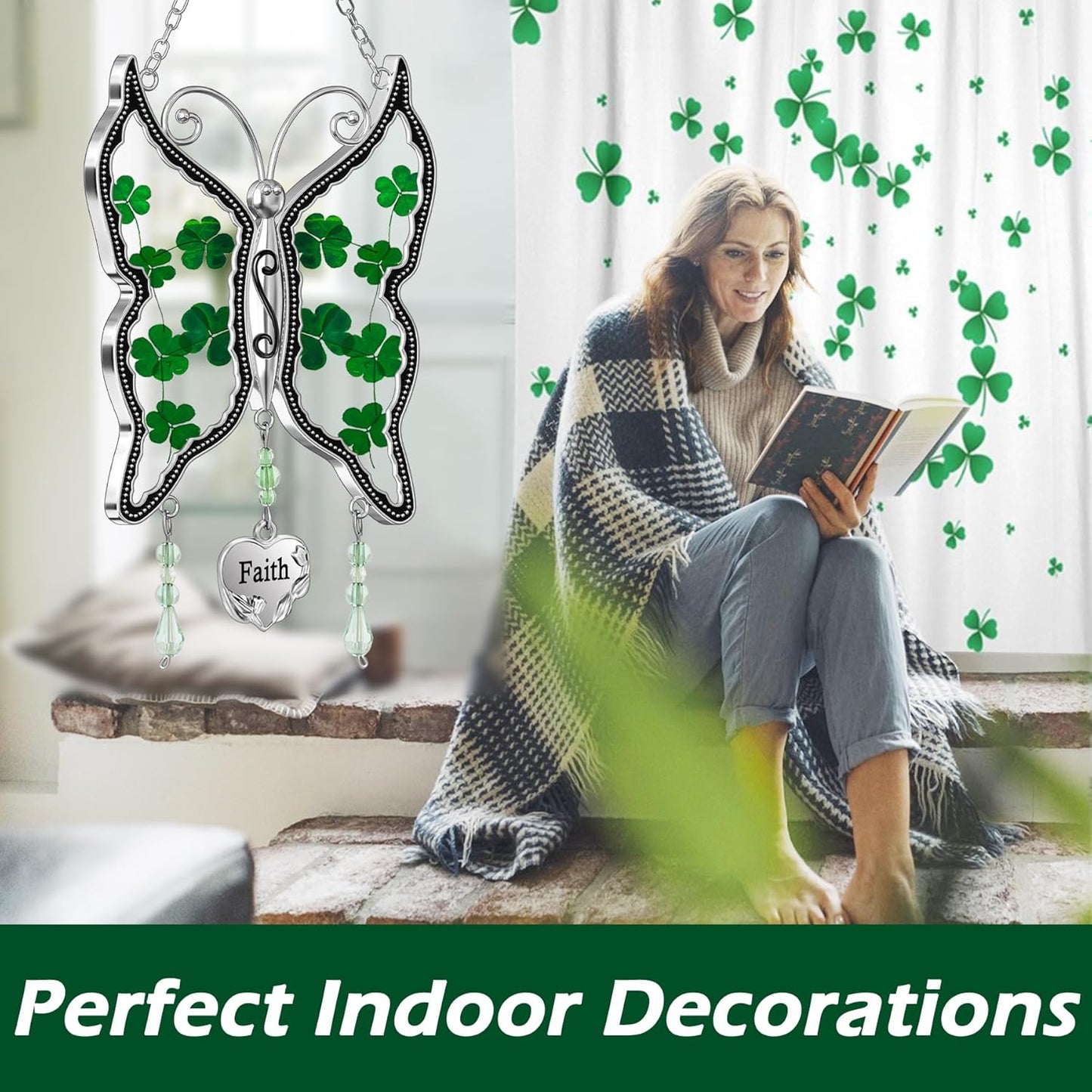 KY&BOSAM Shamrock Butterfly Suncatcher Faith Stained Glass Irish Suncatchers for Windows Hangings Ornament Wind Chimes With Real Flower in Glass as Brithday Gift for Mothers Day St Patrick's Day Decor