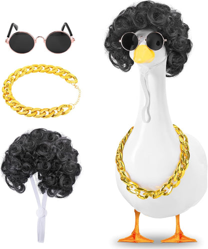 DECOHS 3 Pcs/Set Cool Porch Goose Outfits, Cool Lawn Goose Statue Costume Clothing, Porch Garden Goose Gold Chain Collar Costume Sunglasses Wig for Outdoor Patio Yard Decoration Pet Cosplay Party