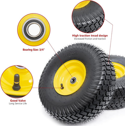 15x6.00-6(4PR) Tubeless Tire and Wheel, 15-Inch Replacement Pneumatic Tires and Wheel with 3/4" Bearings Compatible with Hand Truck, Wheelbarrow, Wagon, Gorilla Carts (Yellow, 2PCS)