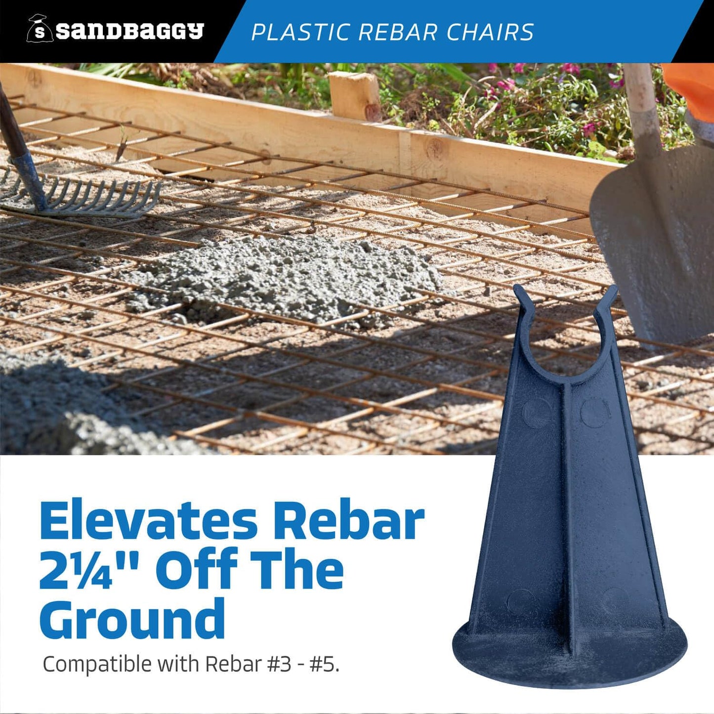 Sandbaggy Rebar Plastic Chair | Fits Rebar #3 to #5 | Heavy Duty Construction- Preferred Choice for Concrete Contractors | Save Money & Labor Compared w/Dobie Bricks (Pack of 2000, 2-1/4 Inch Length)