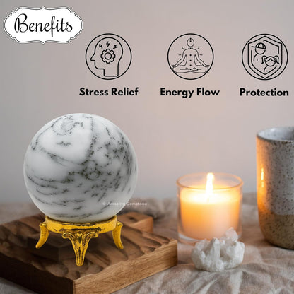 Amazing Gemstone Dendrite Opal Crystal Ball with Stand - 2 Inches Crystal Sphere Meditation Balls for Witchcraft and Decorative Balls