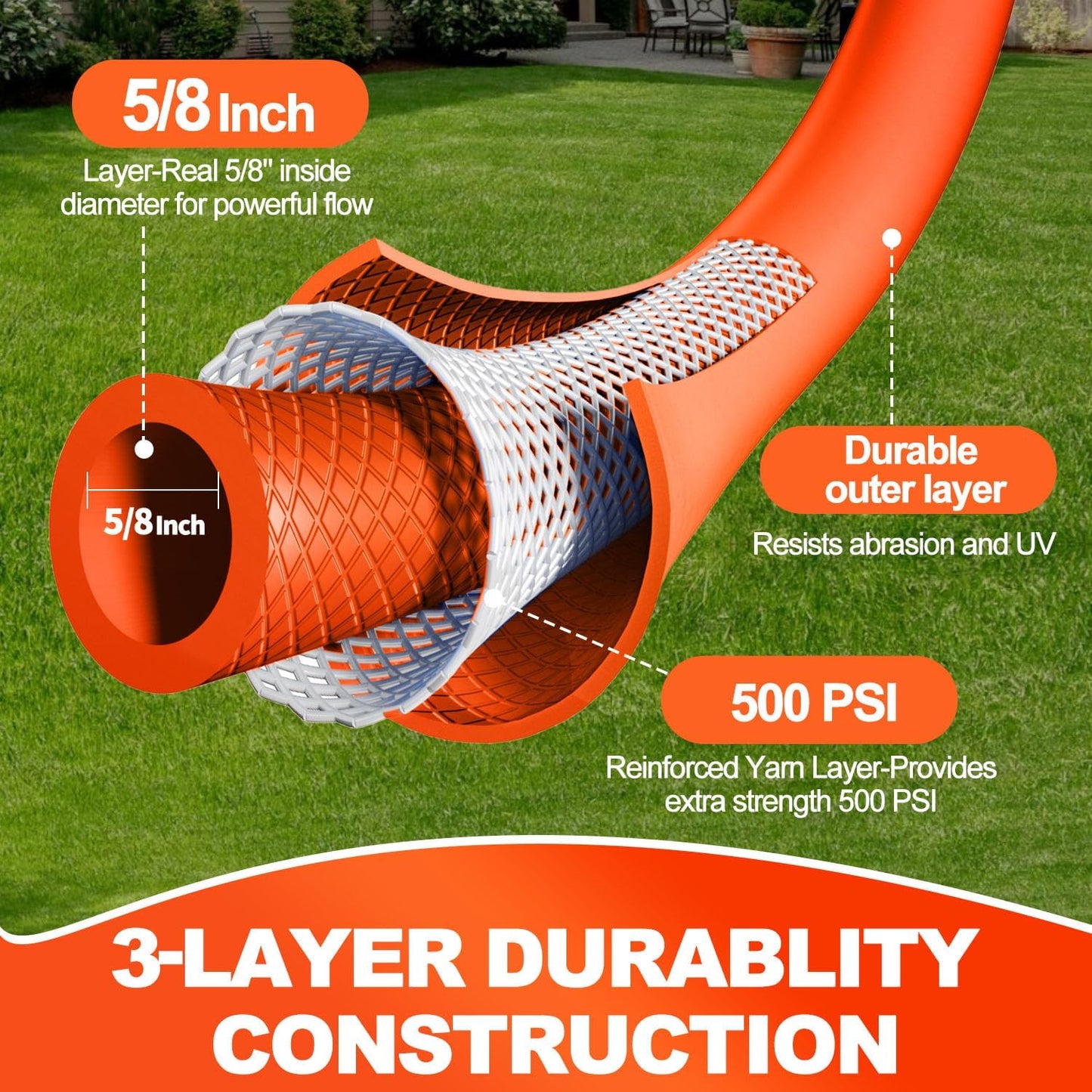 YOTOO Heavy Duty Hybrid Garden Water Hose 5/8-Inch by 75-Feet 150 PSI Kink Resistant, Flexible with Swivel Grip Handle and 3/4" GHT Solid Brass Fittings, Orange