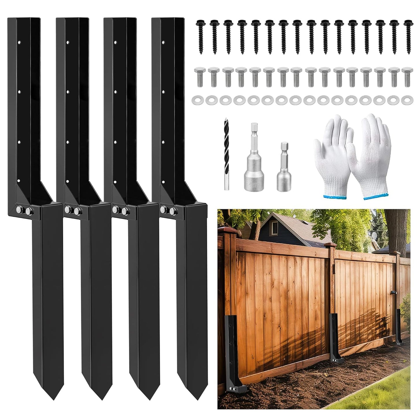 Fence Post Repair Stakes Kit - Heavy Duty Steel Fence Post Repair Bracket Anchor with Anti-Rust - Quick Fix Broken and Leaning Wood Posts Stabilizer Ground Spike Kits (4 Pack)