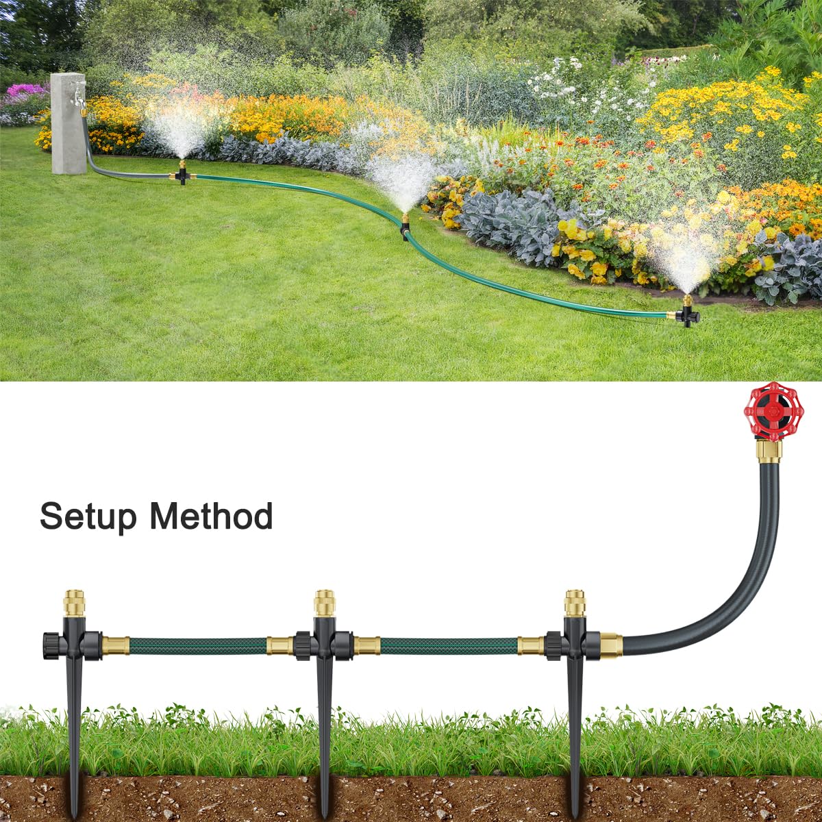 FANHAO Above Ground Irrigation Garden Sprinkler System, Metal Adjustable Garden Sprinkler Set, 360