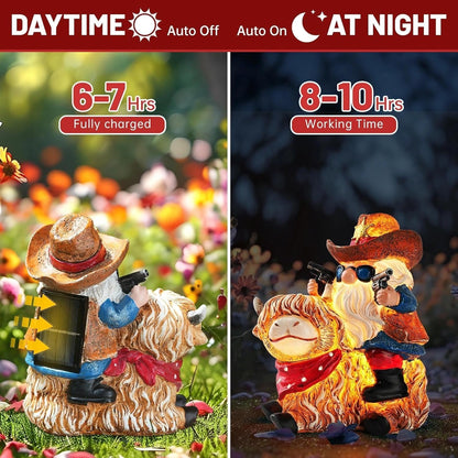 Solar Highland Cow Gnome Statue - Hand-Painted Resin Outdoor Decor for Garden & Yard, Unique Mothers Day Birthday Gifts for Grandma Women (Weatherproof)