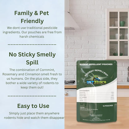 Extra-Strength Mouse Repellent Pouches with Cinnamon/Cornmint Oils, (30 Pouches) Natural Rodent Repellent, Indoor & Outdoor Mice Repellent, Safe for Pets and Kids