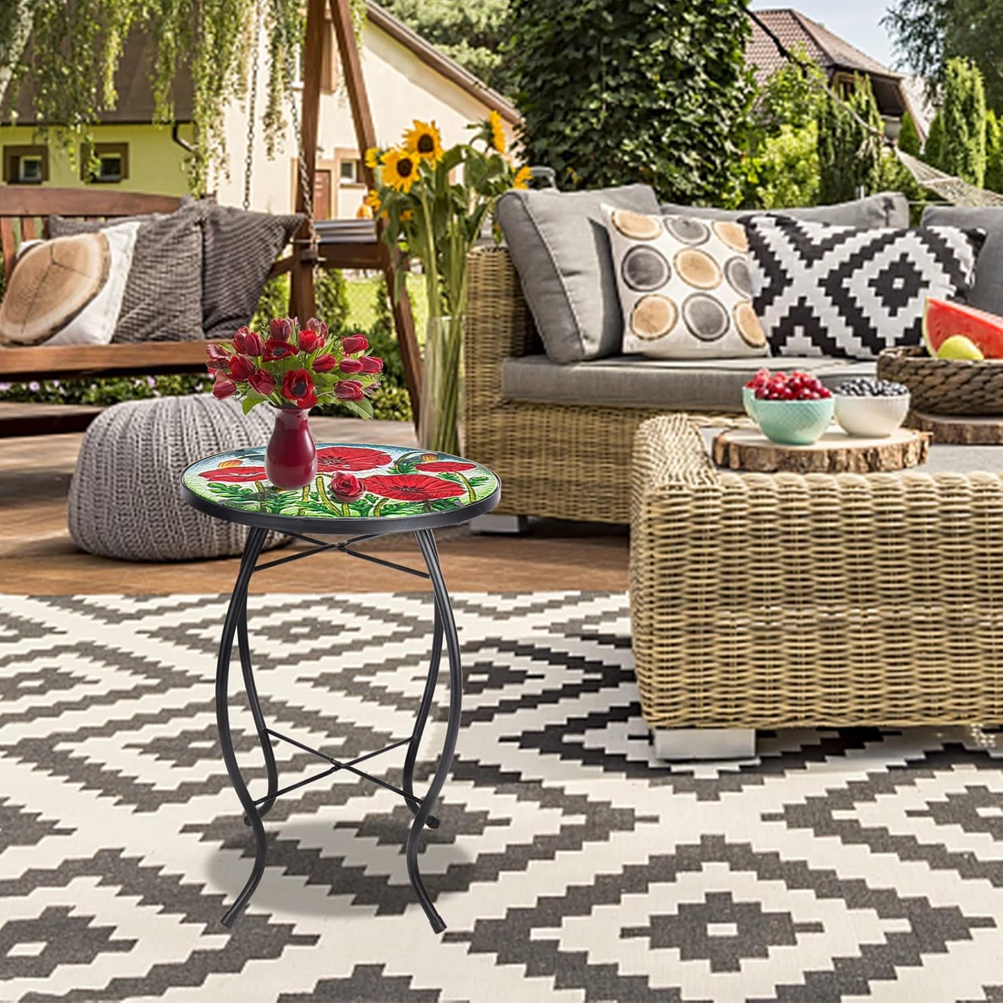 MUMTOP Outdoor Side Table - Small Mosaic Patio Tables, 14” Round Accent End Coffee Glass Plant Stand for Garden Living Room(Poppy)