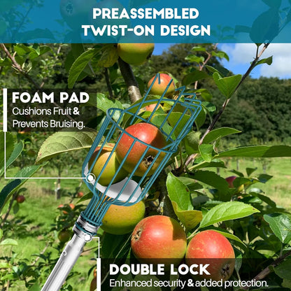 24FT Telescoping Fruit Picker (30+ Foot Reach) | Lightweight High-Grade Aluminum Extension Pole with Easy Attach Twist-On Apple Basket | Durable Fruit Picking Tool