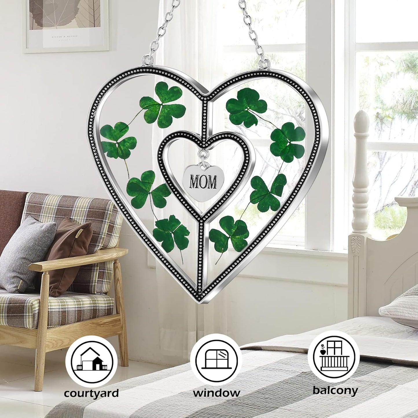 KY&Bosam Irish Shamrock Heart Suncatcher Mom Gifts Glass Suncatchers for Windows hangings Wind Chime Ornament with Pressed Flower Heart Gift for Women St Patrick's Day Decoration Irish