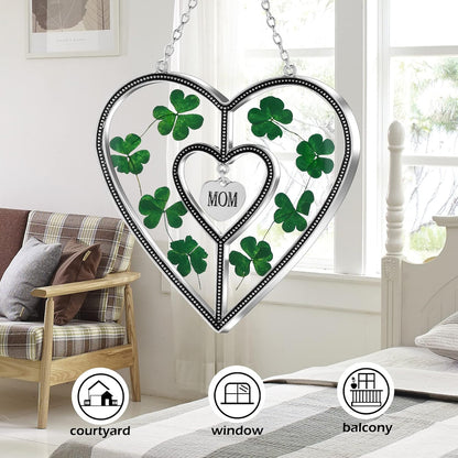 KY&Bosam Irish Shamrock Heart Suncatcher Mom Gifts Glass Suncatchers for Windows hangings Wind Chime Ornament with Pressed Flower Heart Gift for Women St Patrick's Day Decoration Irish