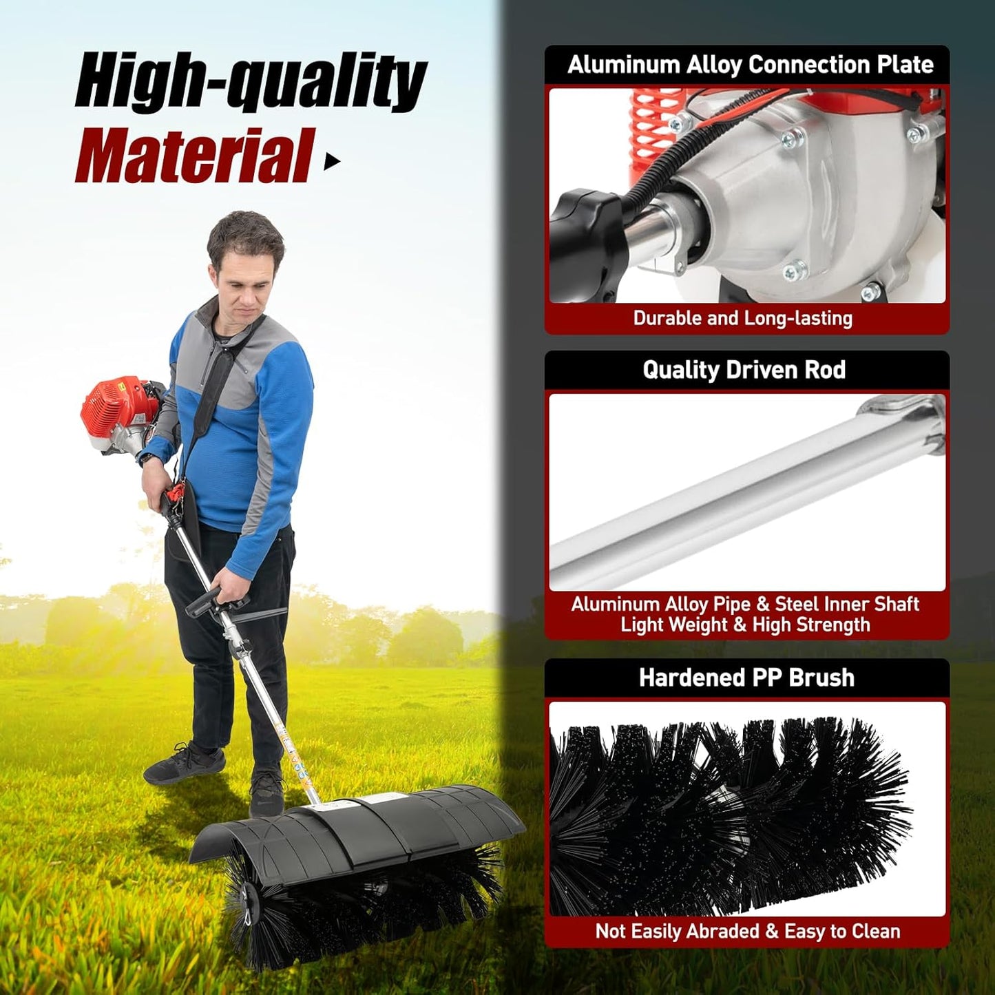 Gas Handheld Sweeper, 52CC 2 Stroke 2.3hp Engine Power Snow Sweeping Grass Handheld Sweeper Power Broom Portable Gas Power Walk Behind Sweeper for Sweeping Driveway Grass Patio Snow Clean