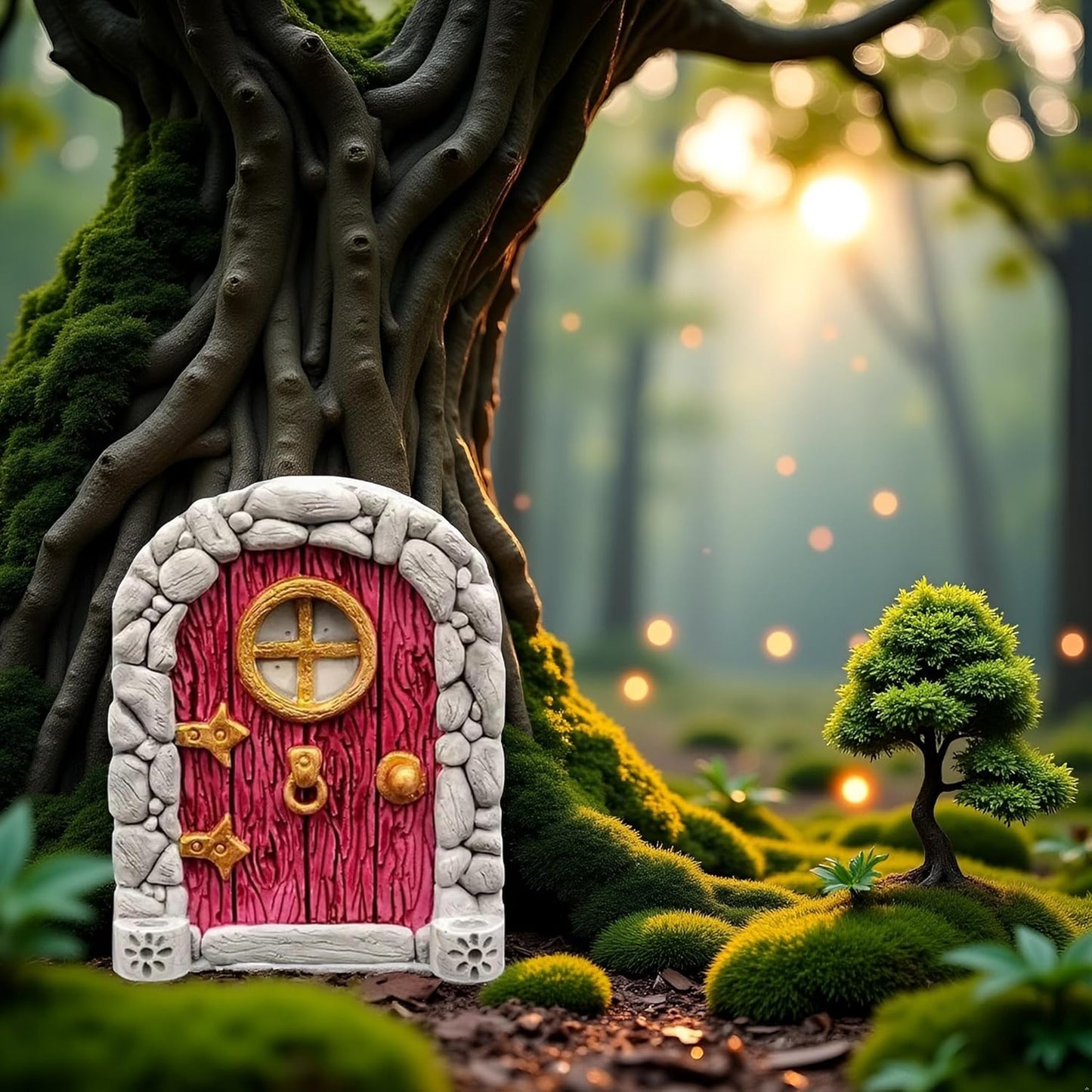 Red Mini Fairy Garden Door for Tree, 3D Miniature Fairy Door for Fairytale Tiny House Doors, Bonsai Terrarium Micro Landscape Decoration Accessories Garden Miniatures