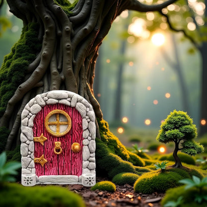 Red Mini Fairy Garden Door for Tree, 3D Miniature Fairy Door for Fairytale Tiny House Doors, Bonsai Terrarium Micro Landscape Decoration Accessories Garden Miniatures
