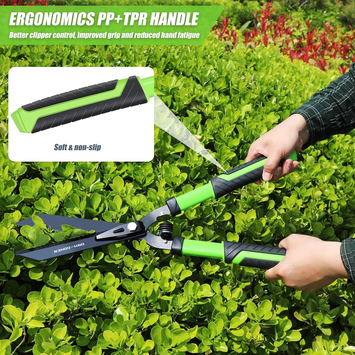 Professional Heavy Duty Hedge Shears 23" - Serrated Blade & Dual Shock Handle, Ergonomic Gardening Clippers with Anti-Rust Coating