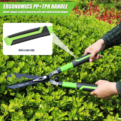 Professional Heavy Duty Hedge Shears 23" - Serrated Blade & Dual Shock Handle, Ergonomic Gardening Clippers with Anti-Rust Coating