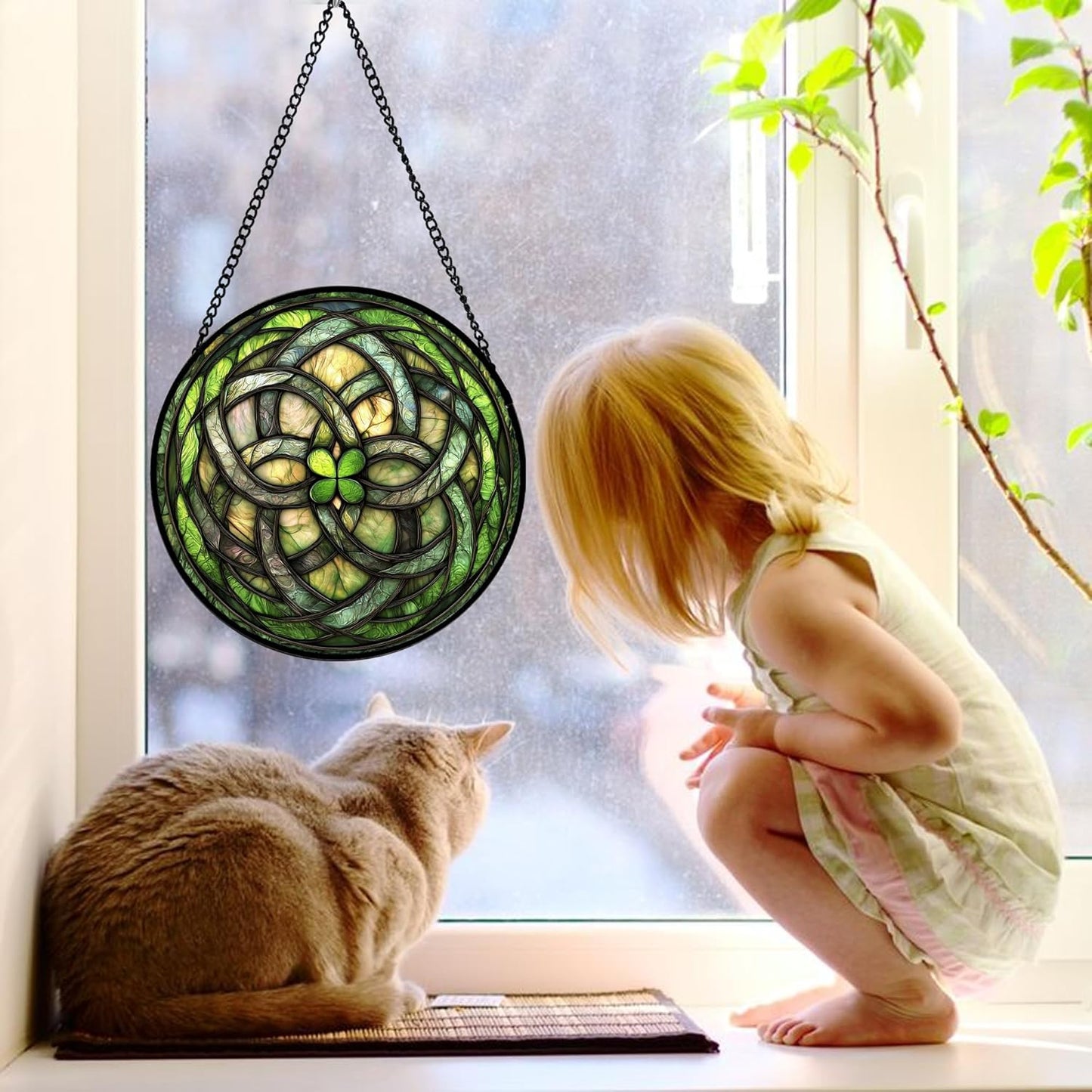 Stained Glass Window Hanging, Abstract Green Clover Sun Catchers Colorful Glass Panel Bless Suncatcher Decor for Birthday for Women, Men, Wife, Aunt, and Mom 7.8 in
