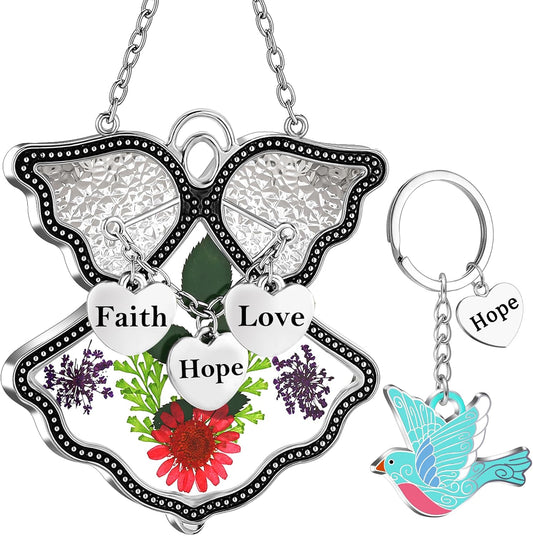 KY&BOSAM Angel Suncatcher Faith Hope Love Stained Glass for Windows Hangings Wind Chimes with