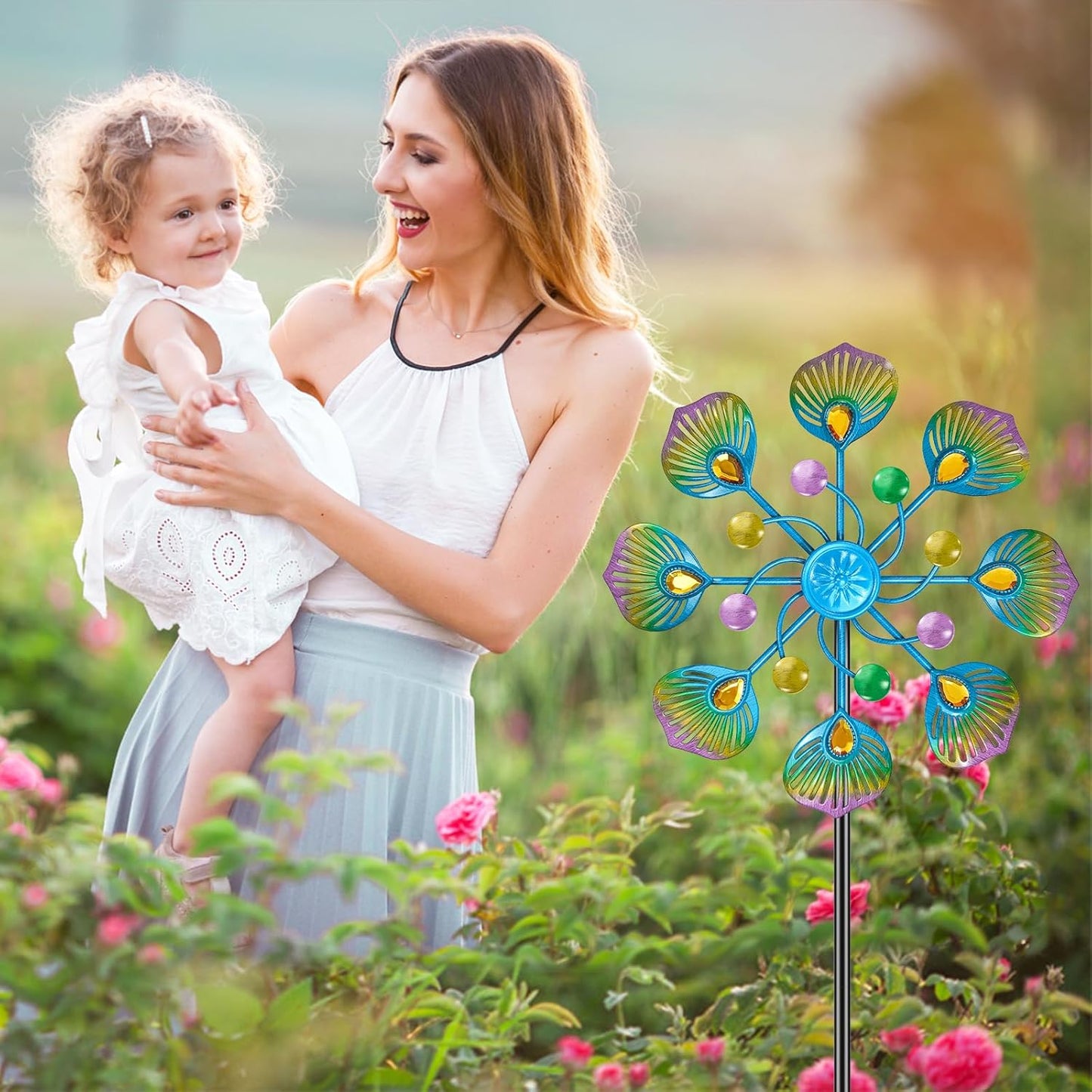 2PCS Wind Spinners Outdoor, 37" Metal Wind Sculpture Yard Art Decorations, Freestanding Windmill for Patio Lawn Garden Decor (2pcs-Blue Green)